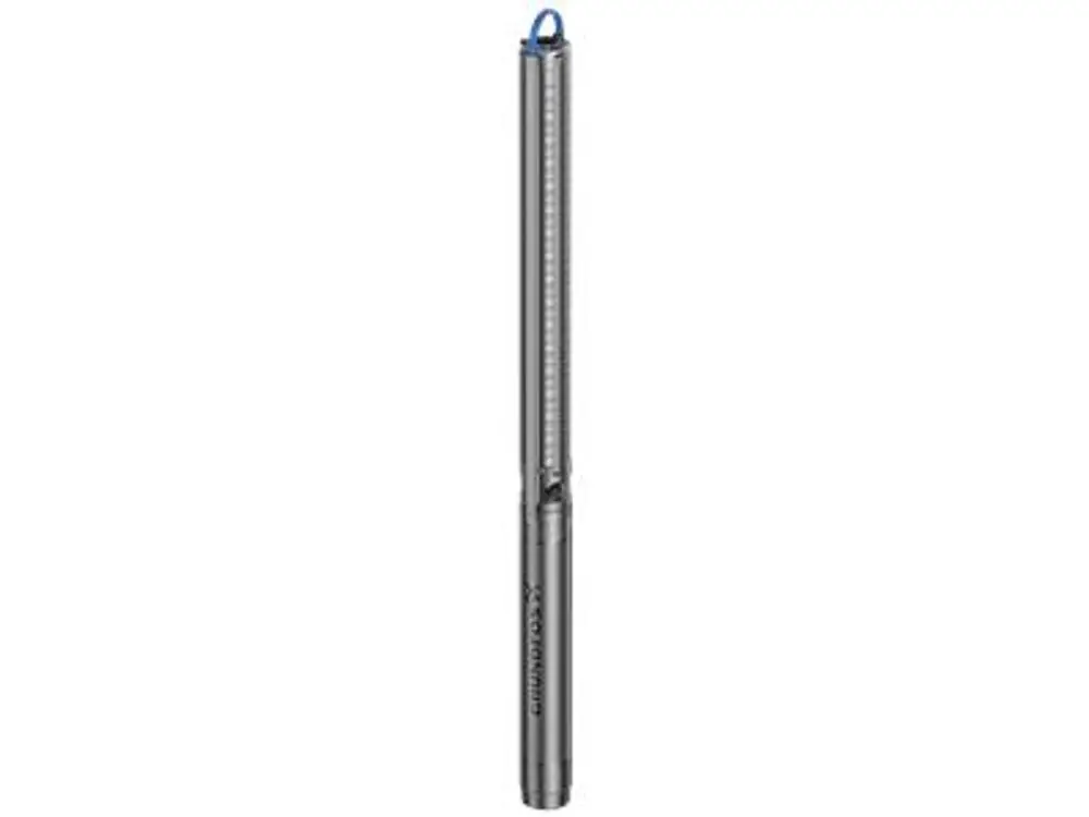 Grundfos Unterwasserpumpe mit schlankem Design und einer länglichen Form. Sie besitzt einen Halterungsring zur einfachen Handhabung oder Befestigung.
